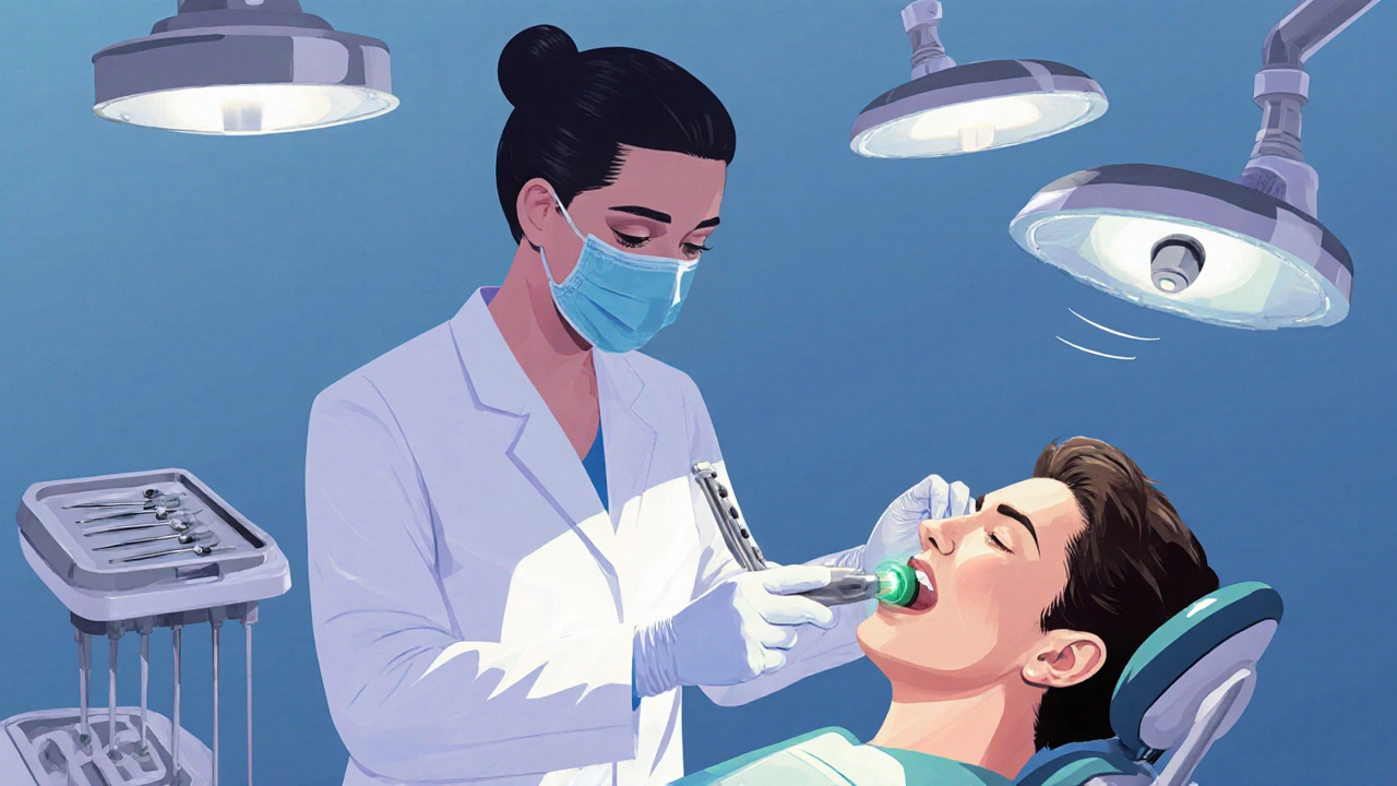 Zubní hygienistka provádí ultrazvukové škálování poddásňového kamene.
