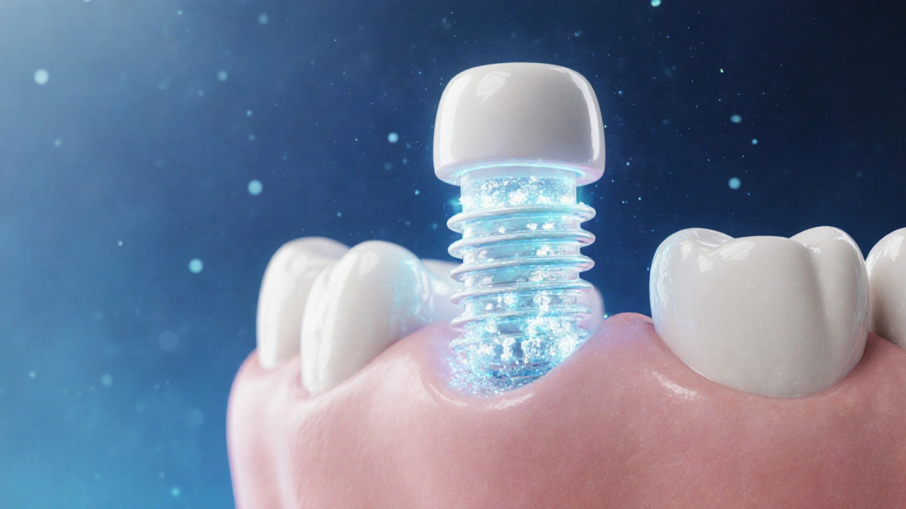 Ceramic dental implant integrating with gum tissue through bioluminescent hydroxyapatite.