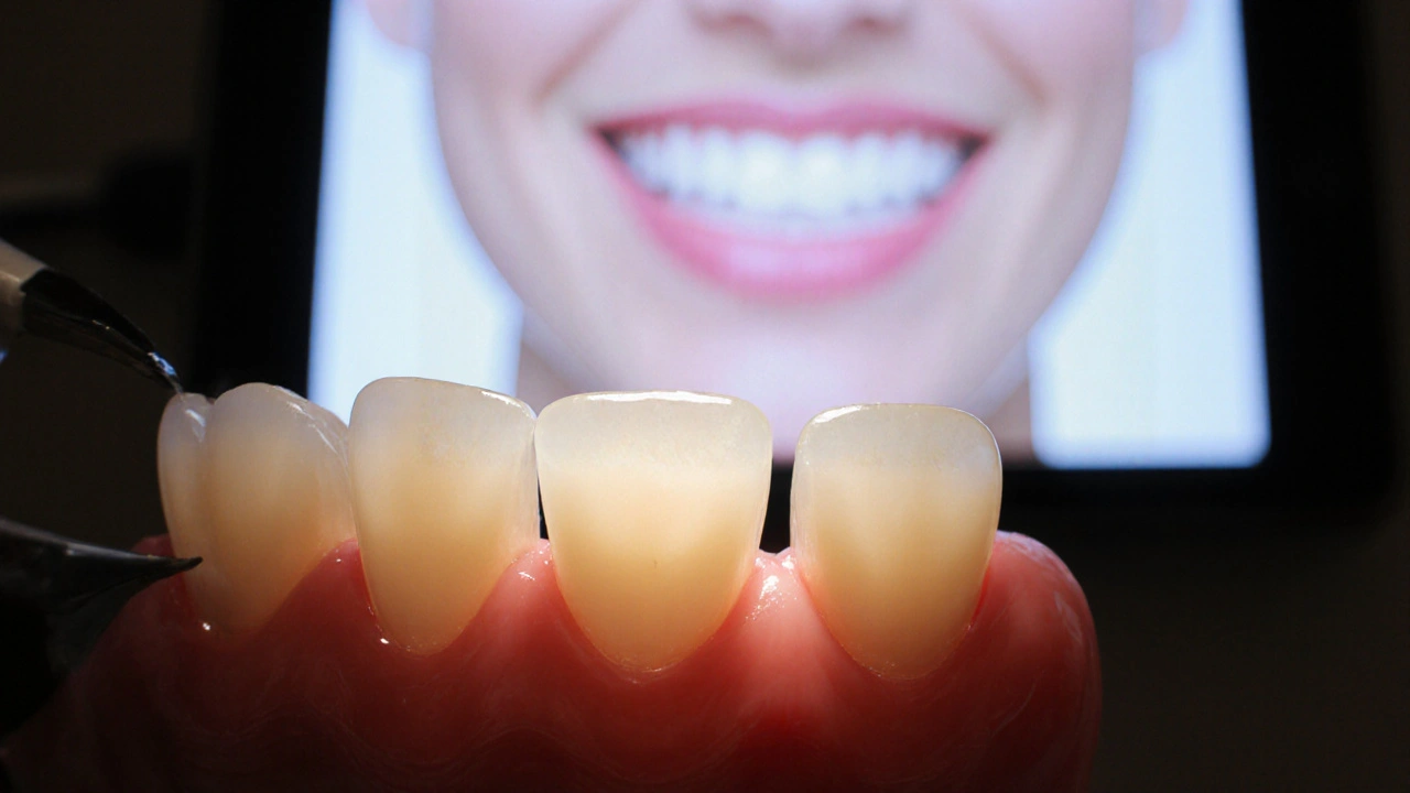 Close-up of ceramic veneer being placed on a front tooth with natural enamel texture.