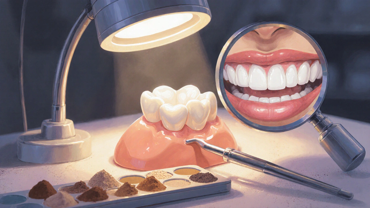 Dentální technik při výrobě keramické korunky pod loupací lampou s keramickými prášky.