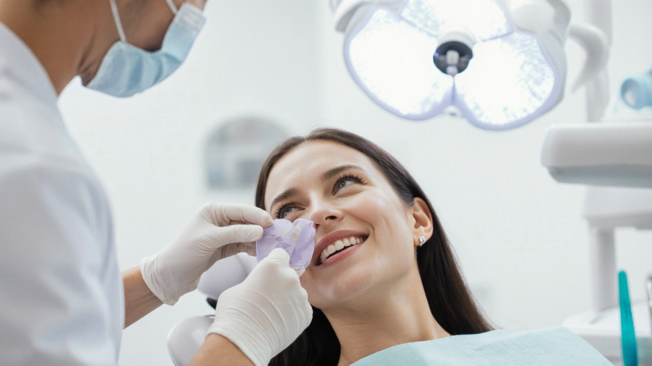 Dentista chrání dásně před bělícím gelem během profesionálního bělení