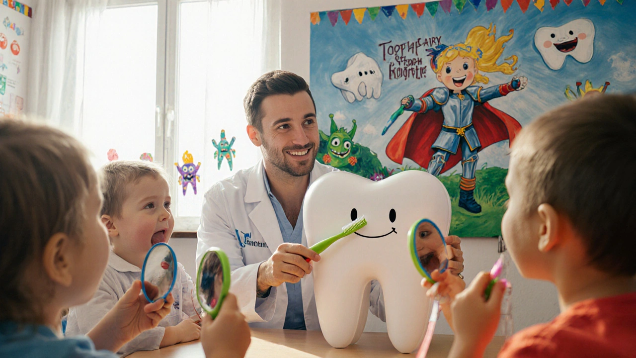 Děti v mateřské školce pozorují zubaře, jak jim ukazuje čištění zubů na velkém modelu.