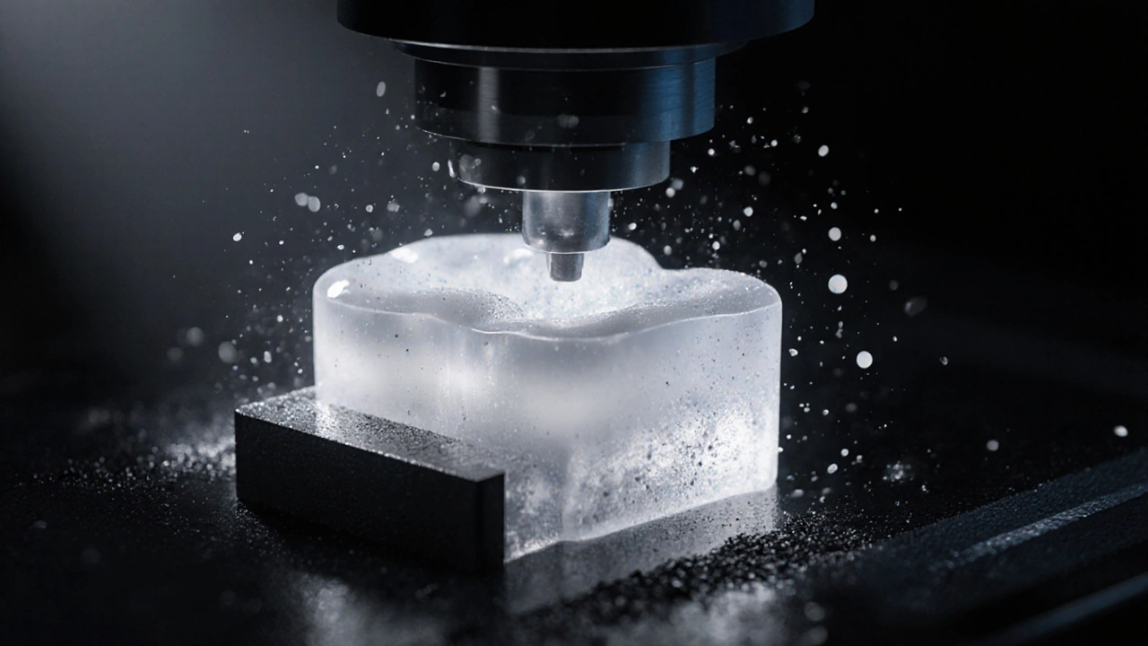 High-translucency zirconia tooth being milled by a precision CAD/CAM machine.
