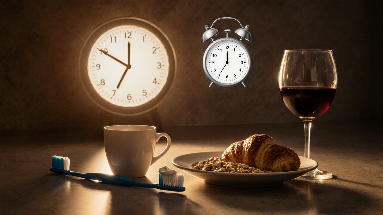 Kuchyňský stolek ráno: zubní kartáček, káva a croissant, nad nimi svítí časovač 30 minut — symbolizující čekání po jídle.