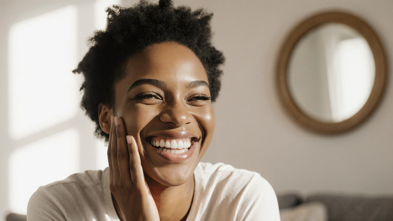 Person laughing with a radiant, naturally enhanced smile in a sunlit room.