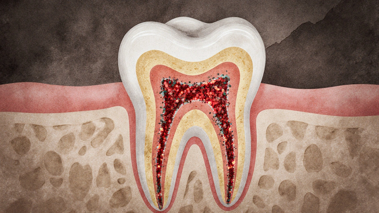 Průřez zubu ukazující postupný rozklad sklovinky a dentinu bakteriemi.