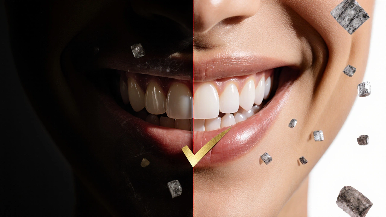 Split image of a damaged tooth versus a restored crown with radiant smile