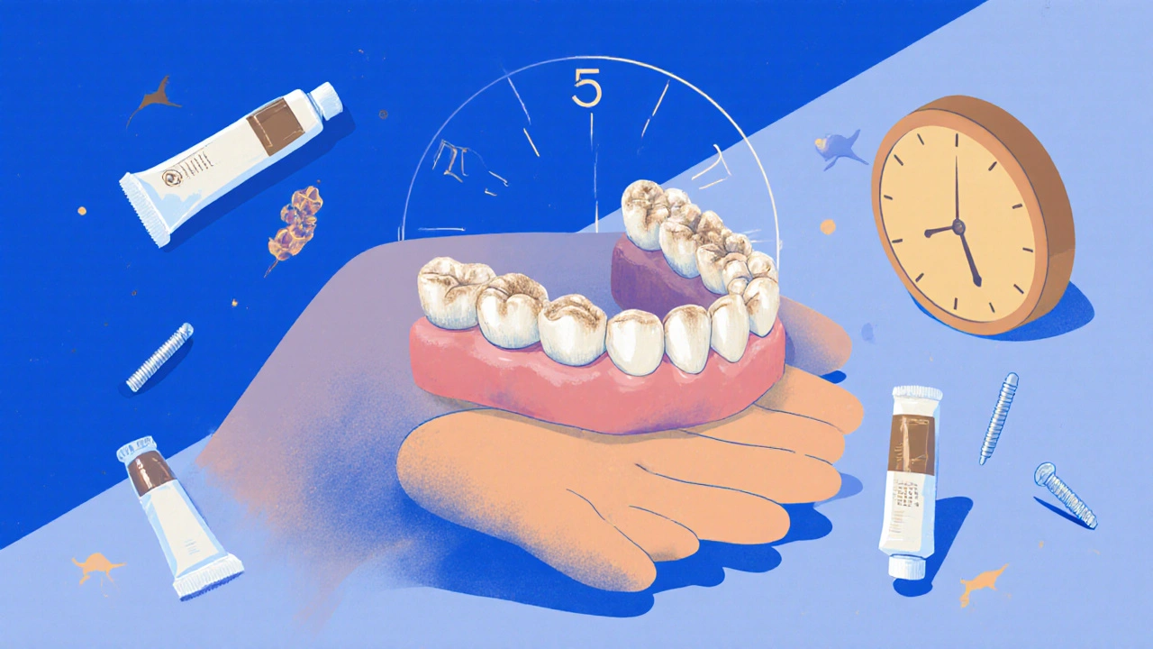 Stará protéza vedle nové s náznakem implantátů pod dásněmi.