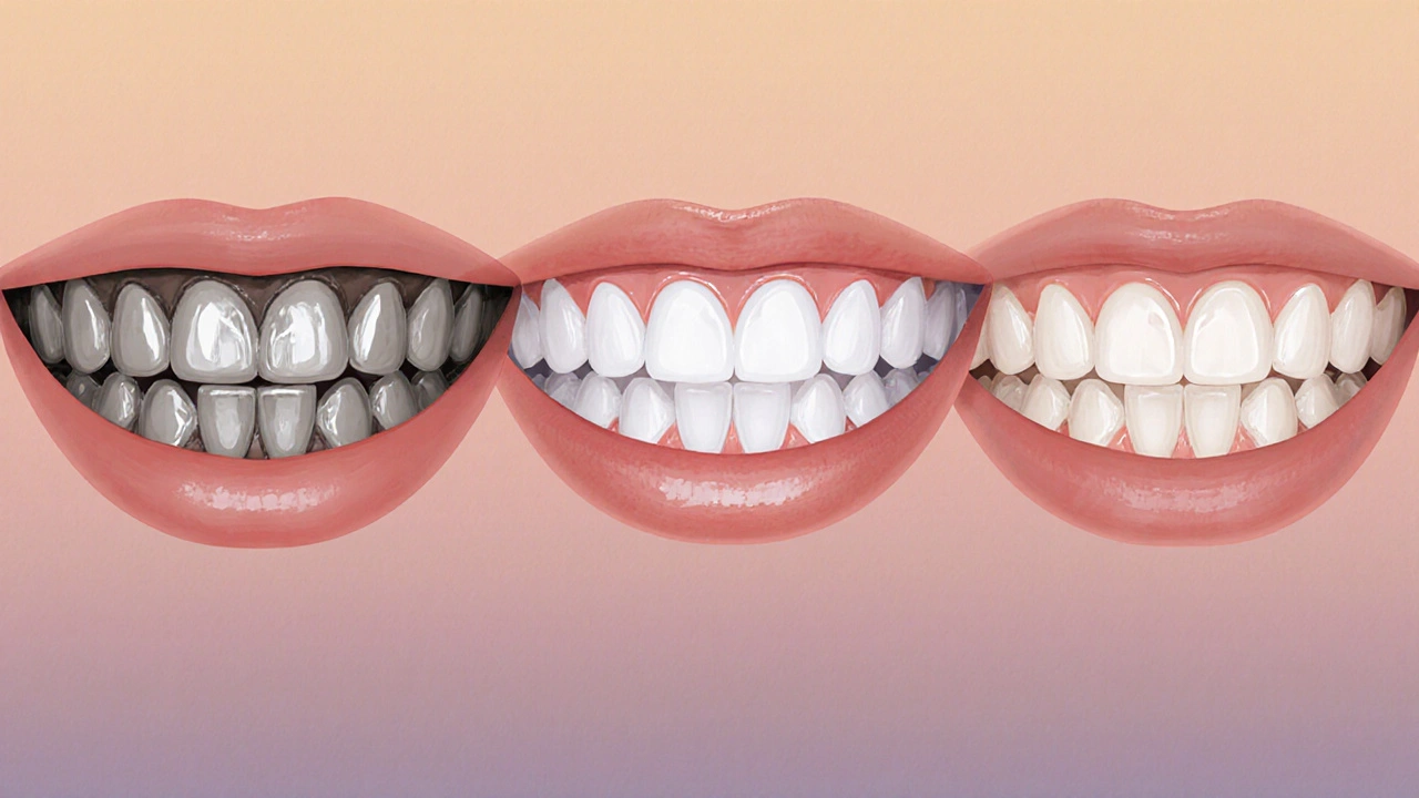Three front teeth showing differences between metal-ceramic, zirconia, and premium ceramic crowns