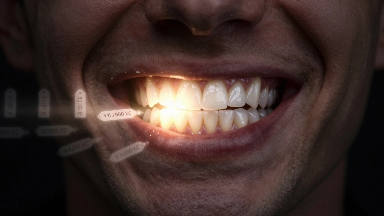 A smile transforming from damaged teeth to radiant crowns with golden light symbolizing long-term dental investment.