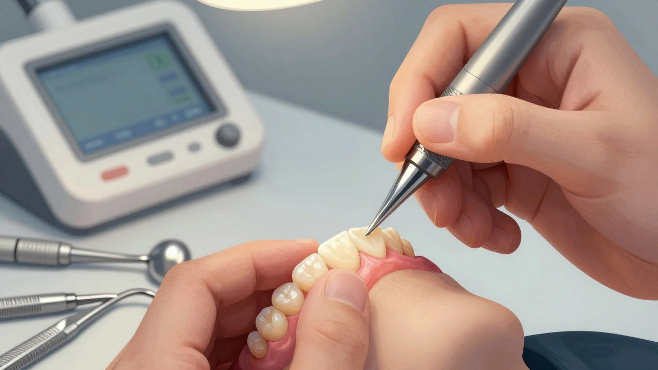 Dentista připevňuje tenkou keramickou fazetu na přední zub s přesnými nástroji.