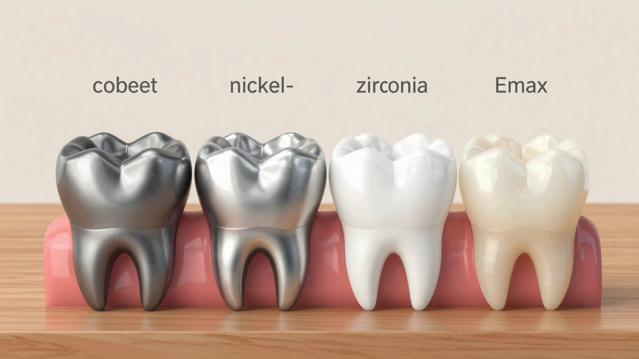 Four types of dental crowns displayed side by side, showing differences in material appearance and translucency.