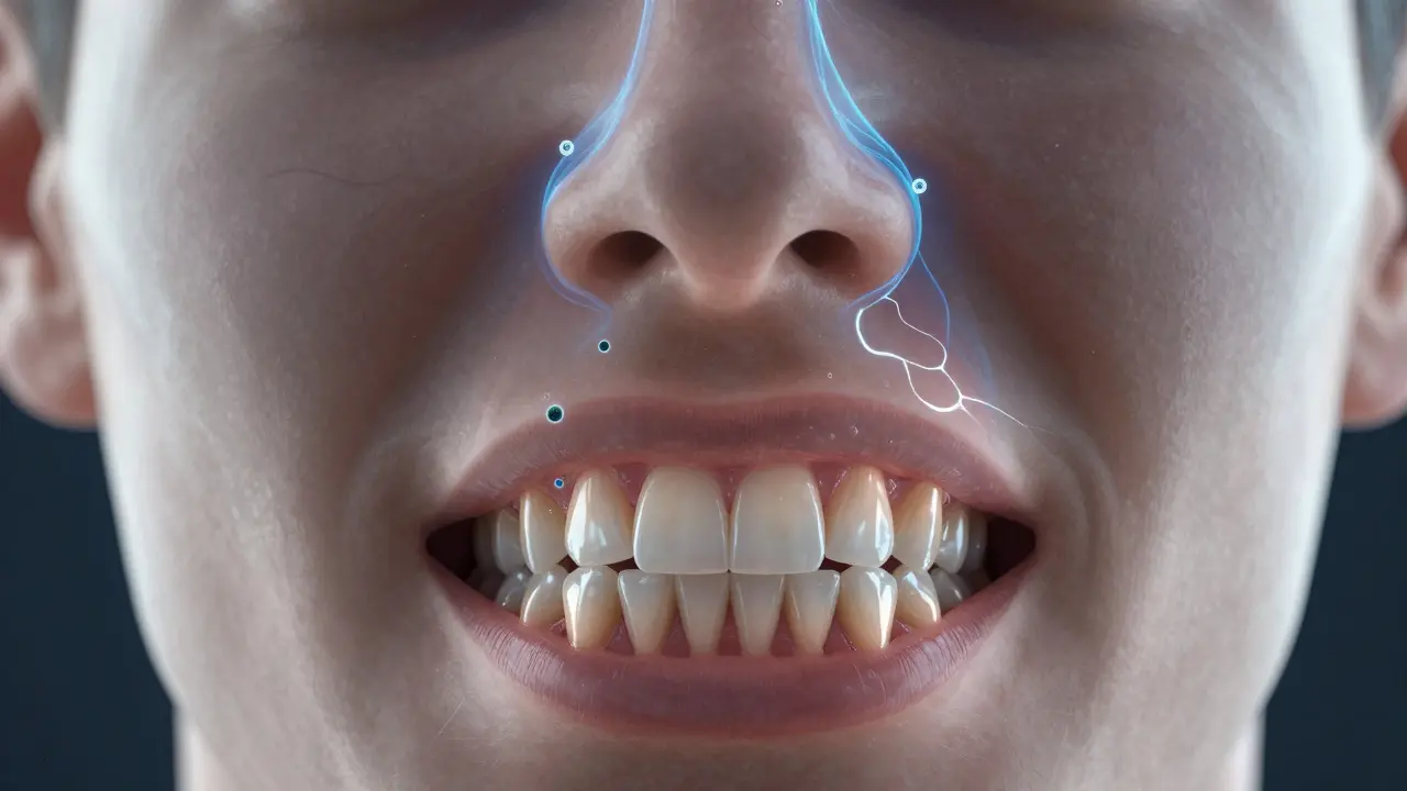 Přehled anatomie čelisti s upravenými sinusem tlačícími na kořeny zubů.