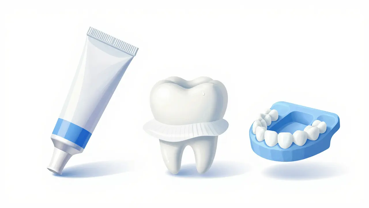 Tři typy domácích sady na bělení zubů: trubice, pásky a gel s hydroxyapatitem.
