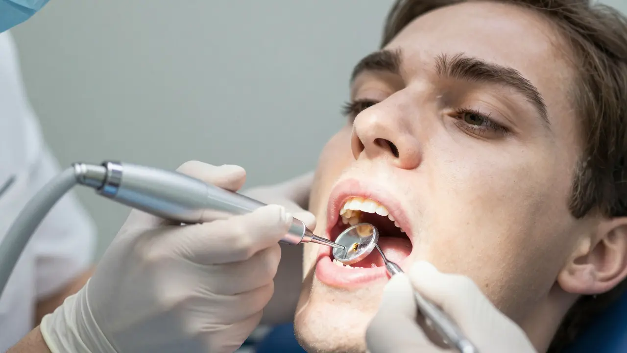 Zubní lékař odstraňuje kámen pod dásní ultrazvukovým čističem