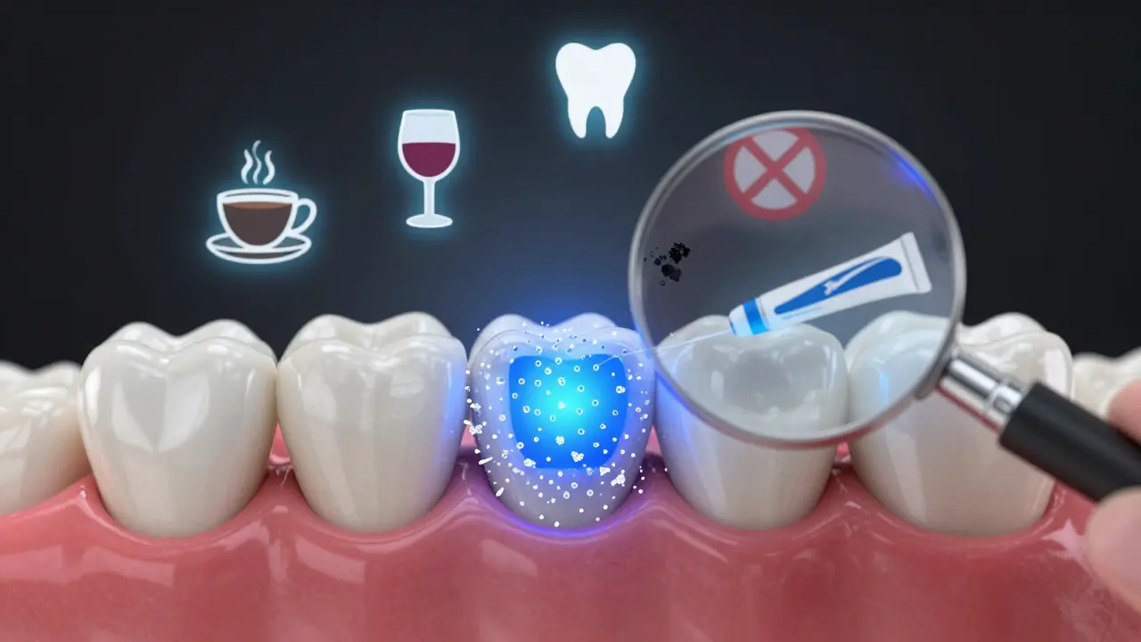 Zvětšený pohled na zub s obnovou skloviny hydroxyapatitem a aktivací gelu LED světlem.
