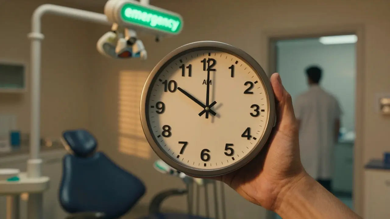 Hodiny s zuby namísto čísel ukazují 2 hodiny ráno, zubní klinika na pozadí.