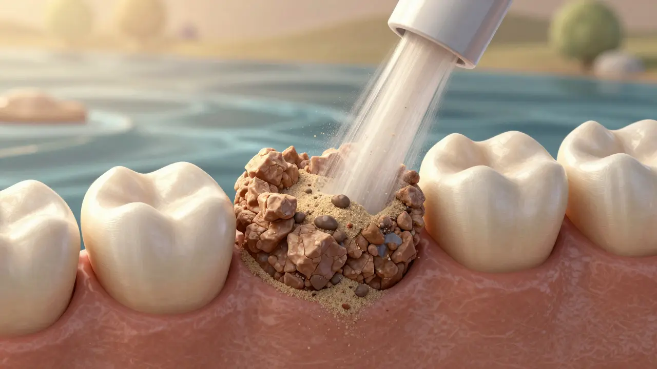 Microscopic view of plaque dissolving from tooth surface under gentle air and powder stream.