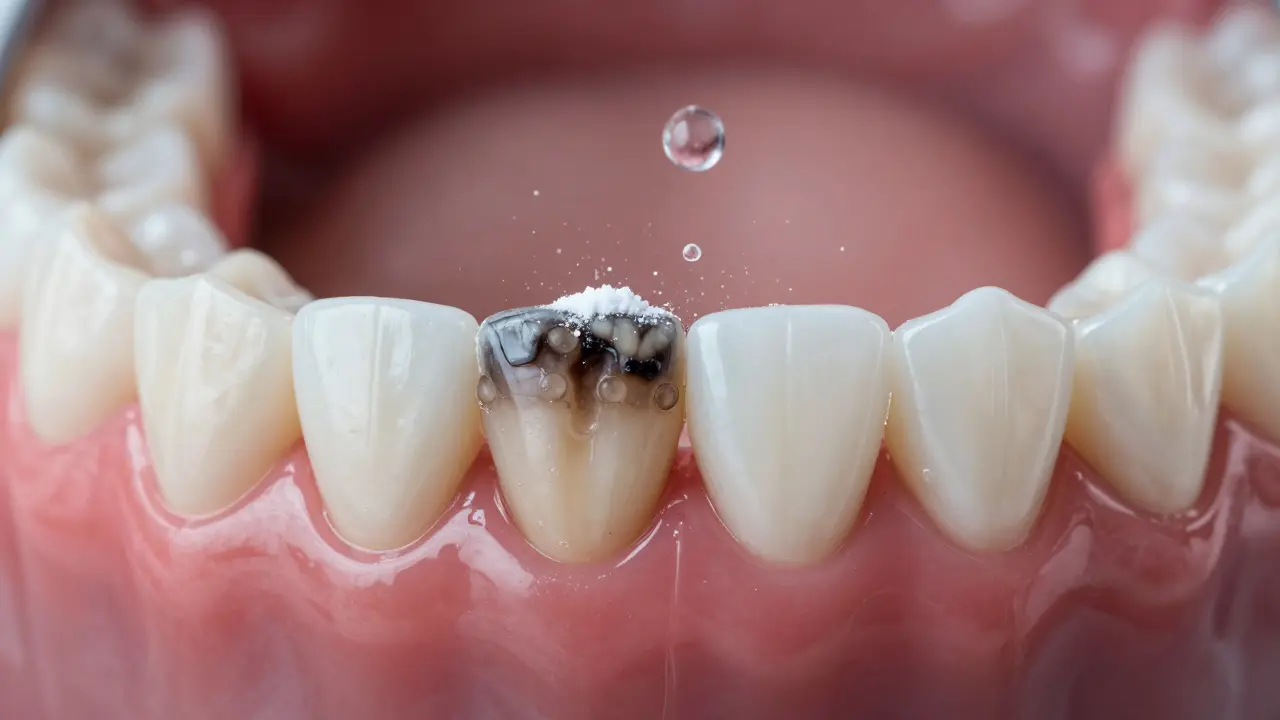Split tooth showing dirty versus clean surface after professional cleaning with floating powder particles.