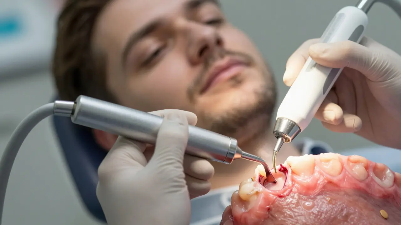 Zubní hygienička odstraňuje poddásňový kámen ultrazvukovým nástrojem.