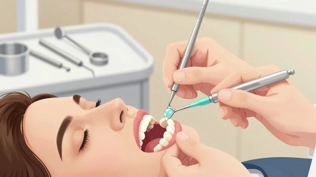 Zubní lékař přizpůsobuje domácí fólie s bílícím gelem pro pacienta, v pozadí jsou vidět dentální nástroje.