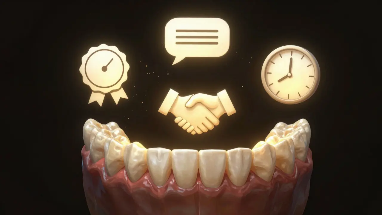 3D zobrazení čelisti, kde se zuby postupně zarovnávají, kolem nich symboly úspěchu a času.