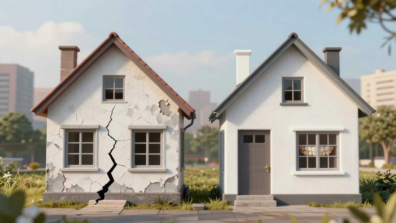 A house with cracked foundation and peeling paint next to a well-built house with fresh paint, symbolizing dental correction.