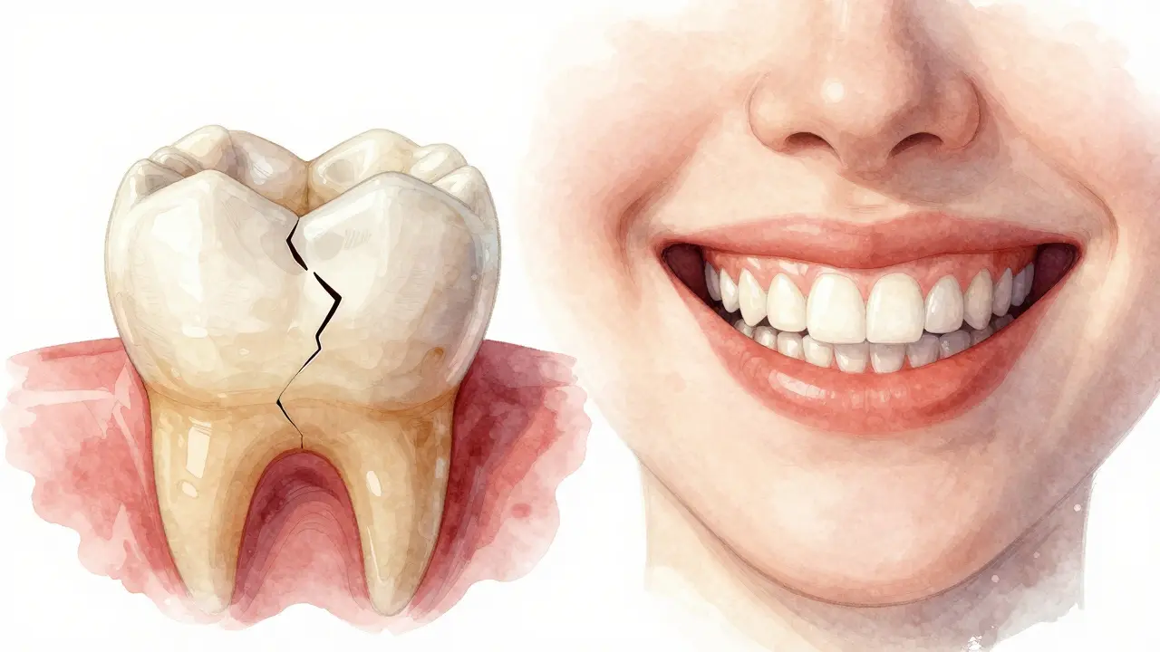 Contrasting image of a damaged tooth with unnatural veneer versus a healthy aligned smile.