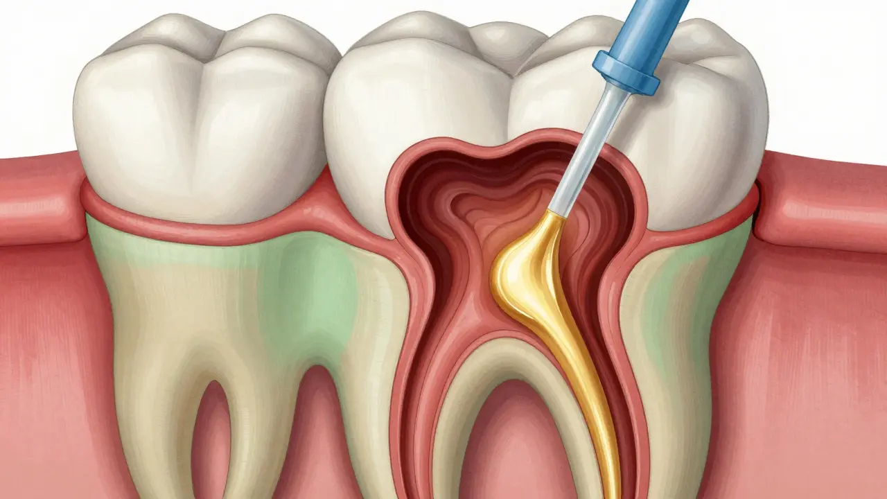 Cross-section of a tooth showing infected pulp being cleaned and filled with gutta-percha.