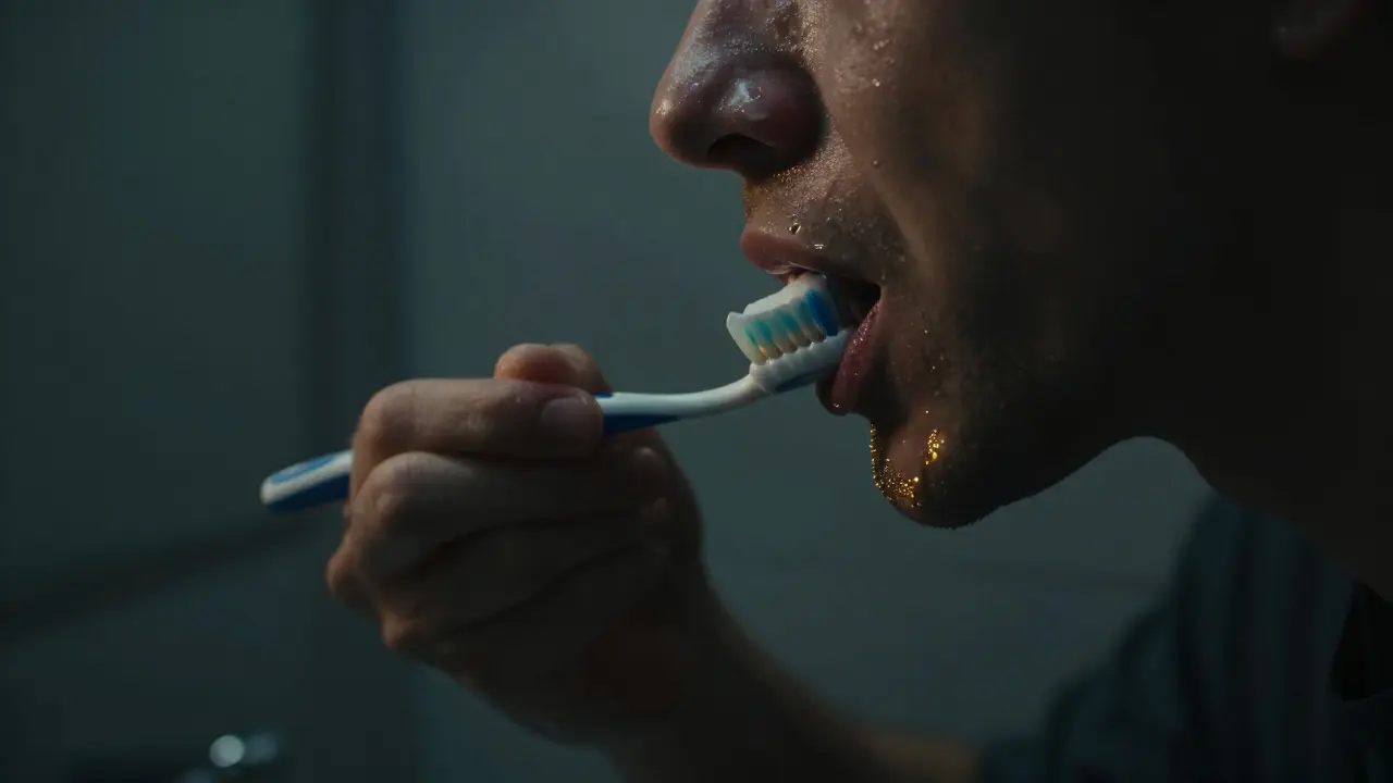 Dospělý nepláchne po čištění, jemný lesk fluoridu zůstává na zubech ve tmě.