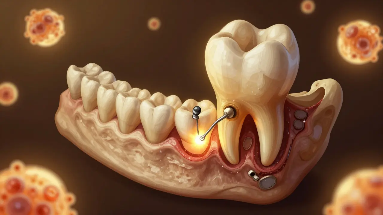 Healing jawbone with regenerating tissue and a dental implant being placed.