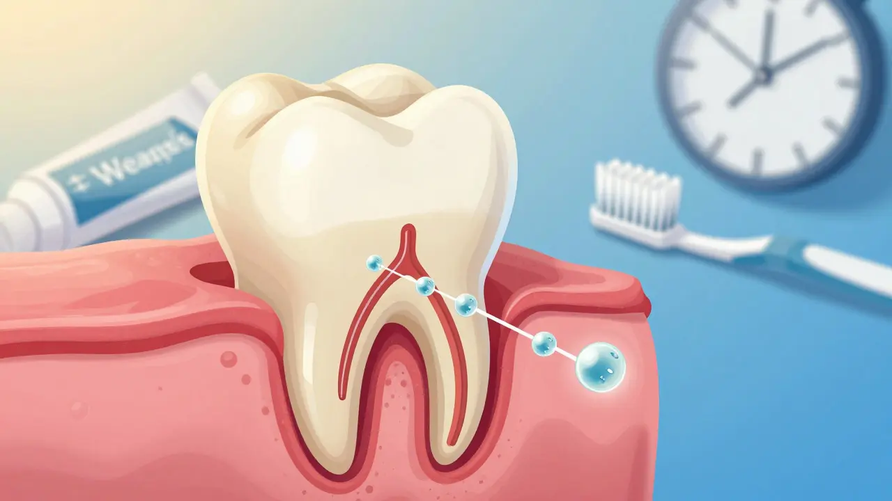 Křížový řez zubu s odhalenými dentinovými trubičkami a fluoridem je zavírajícím účinkem.