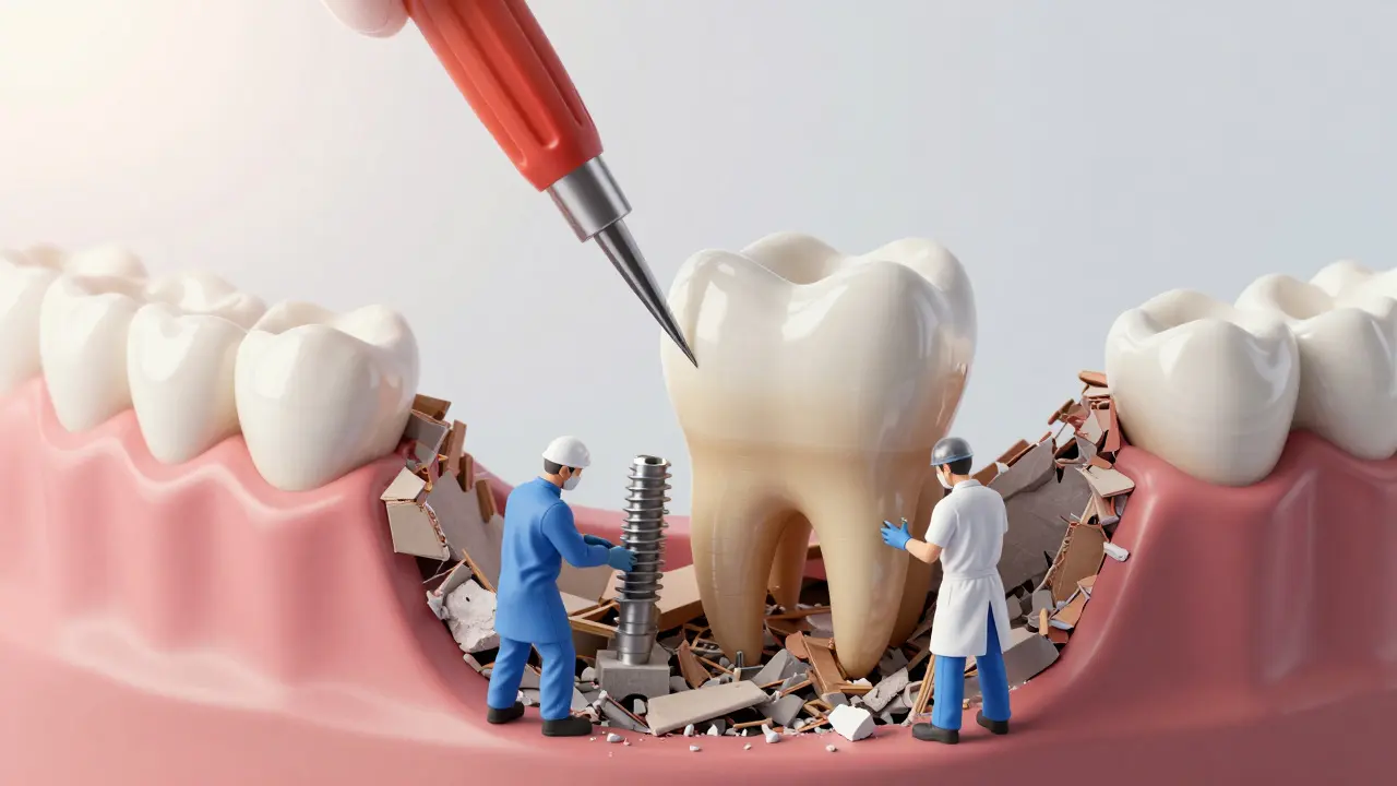 Metaphor of tooth extraction as demolition before building a new implant foundation.