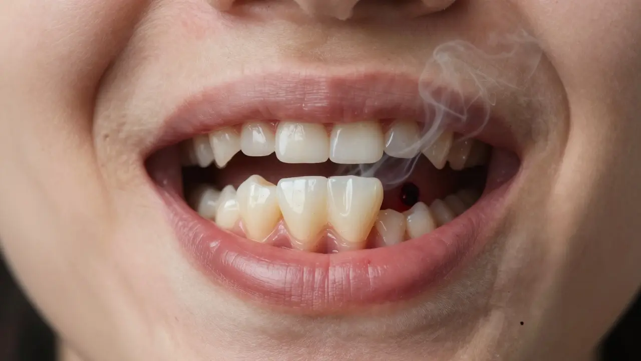 Translucent tooth with sealed root canal and dissolving abscess, crowned and restored.
