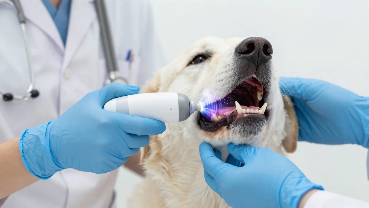 Veterinář používá ultrazvukový čistič na ústech psa bez dotyku.
