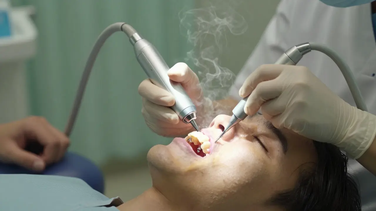 Zubní hygienička odstraňuje kámen pomocí ultrazvukového nástroje.
