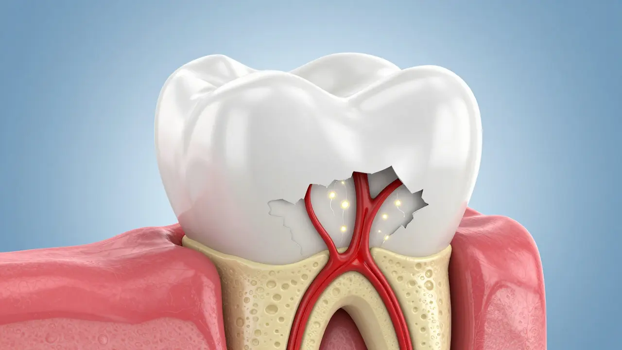 3D ilustrace průřezu zubu ukazující opotřebovanou sklovinu a odhalené kanálky dentinu.