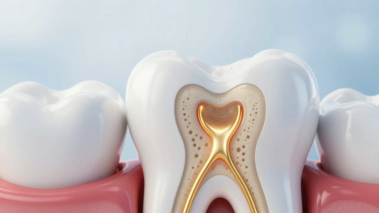 3D model zubu znázornující sklovinu, dentinové kanálky a zubní nerv.