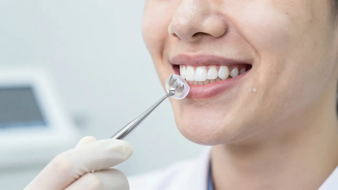 Dentista aplikuje estetickou fasetku pro odstranění zbarvení zubu.