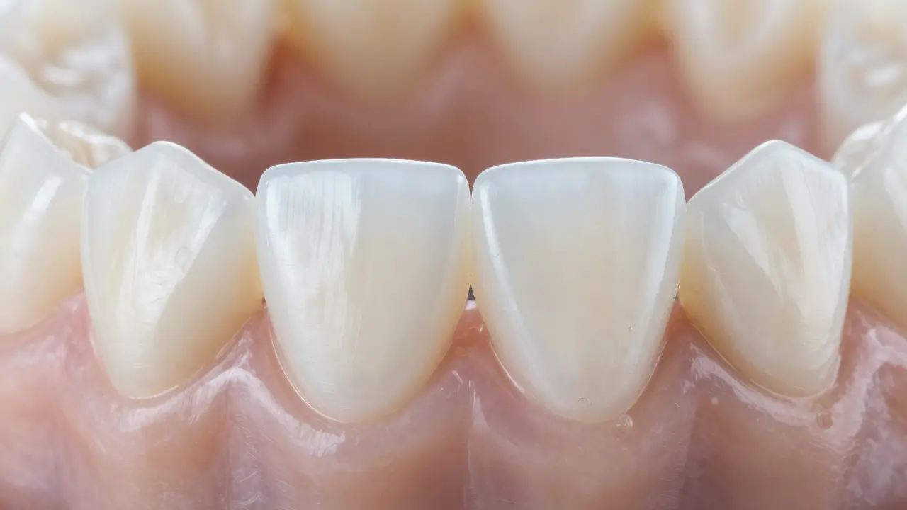 Detail keramické fasety aplikované na přední zub pro perfektní úsměv.