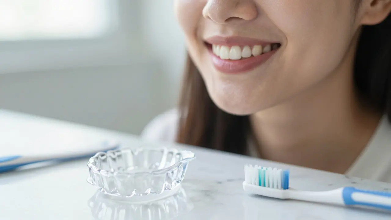 Detail úsměv člověka a ochranná noční dlaba pro prevenci bruxismu na pultu.