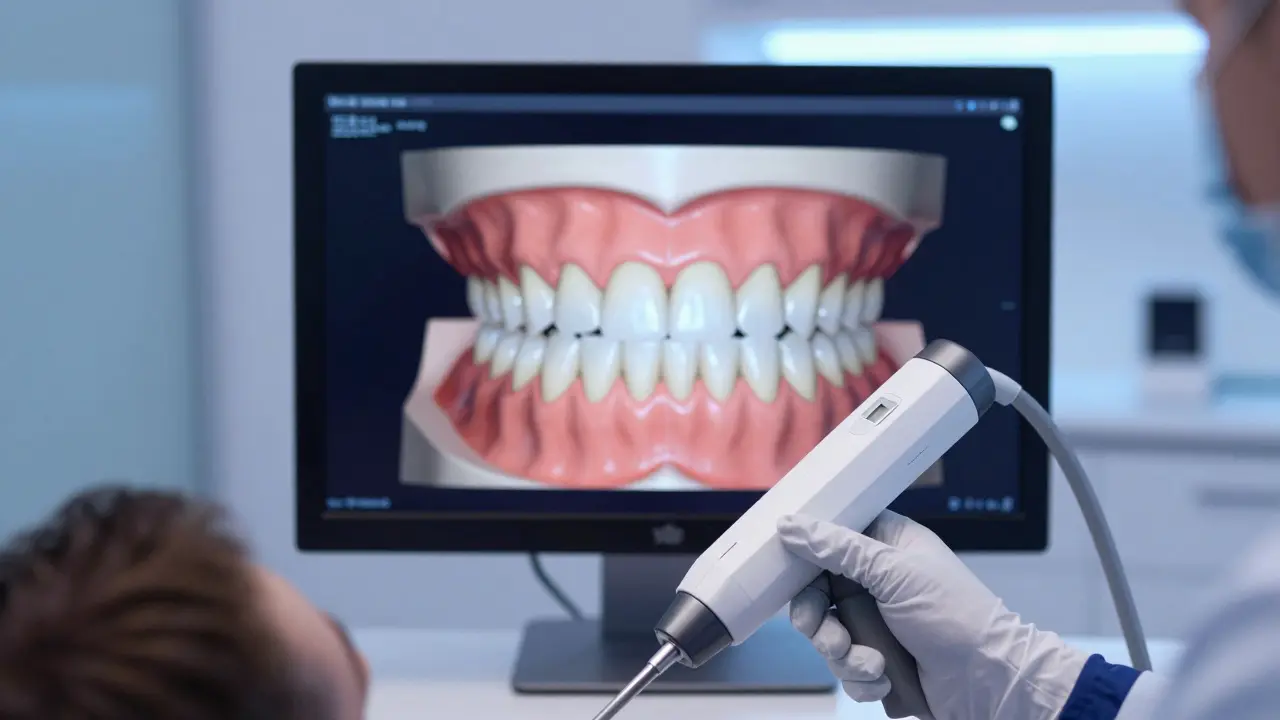 Digitální 3D sken chrupu na monitoru v moderní stomatologické ordinaci.
