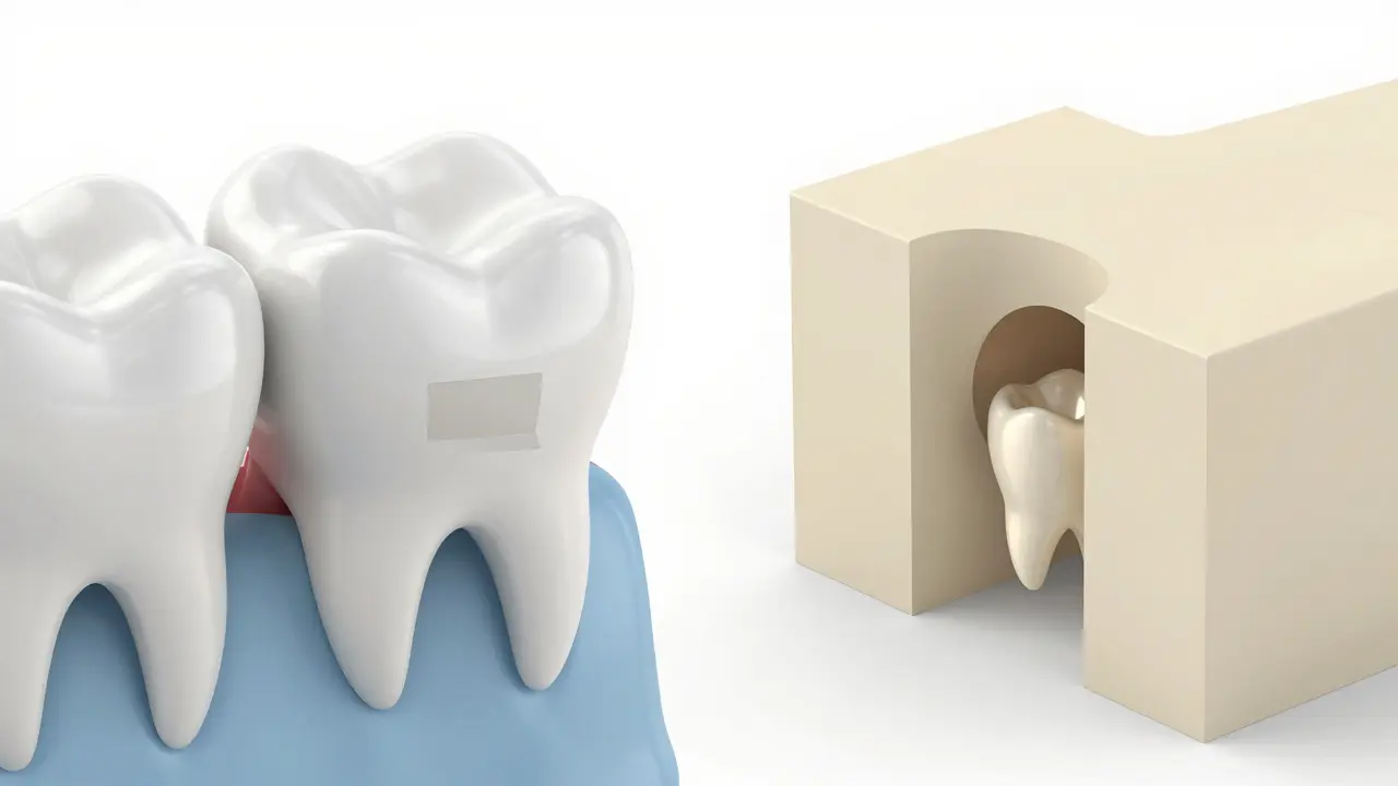 Konceptuální 3D zobrazení rozdílu mezi běžnou výplní a precizní kompozitní inlayí.