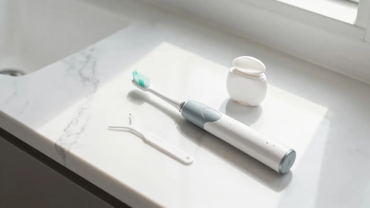 Sada pro domácí dentální hygienu včetně elektrického kartáčku a flossem na mramorovém povrchu.