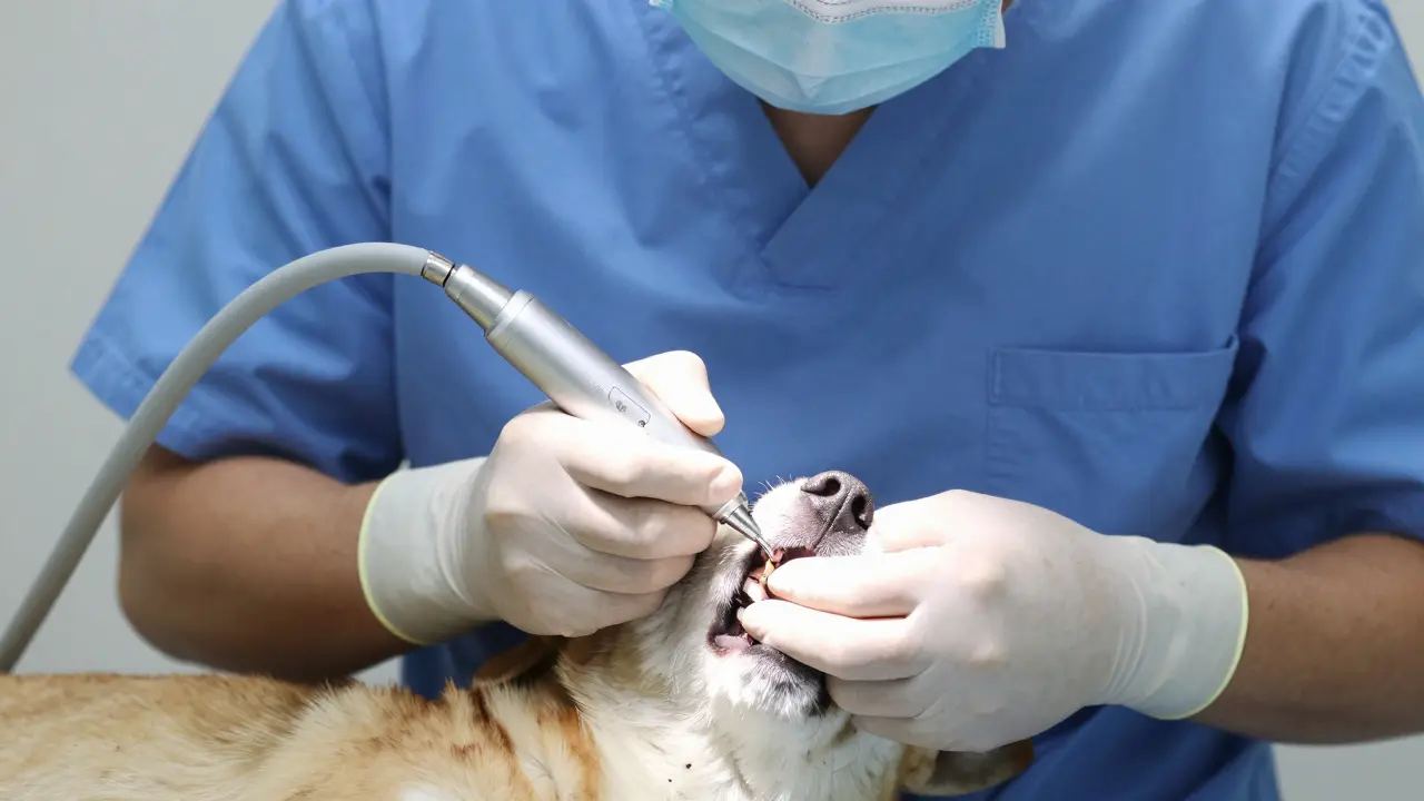 Veterinář provádí profesionální scaling a čištění zubů psa pod narkózou.