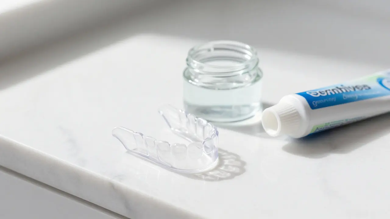 Domácí bělicí nástavce a gel na bílém mramorovém povrchu