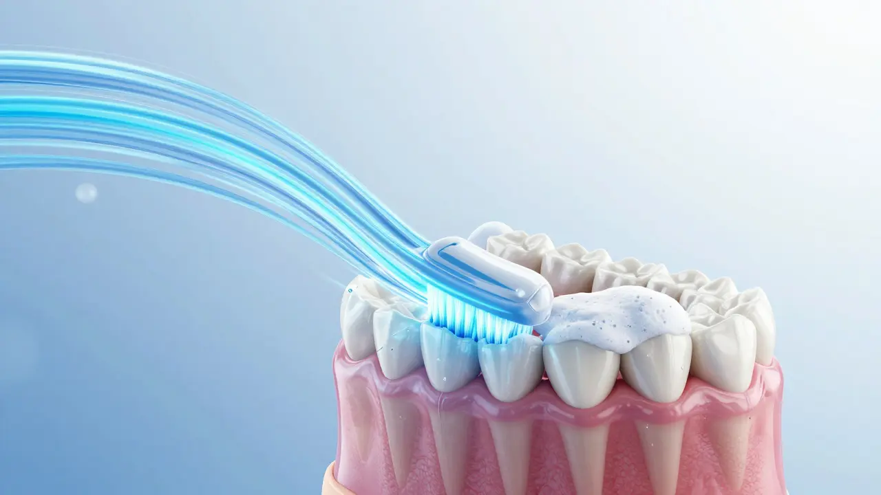 Ilustrace proudění vody kolem zubů ukazující princip čištění sonickým kartáčkem.
