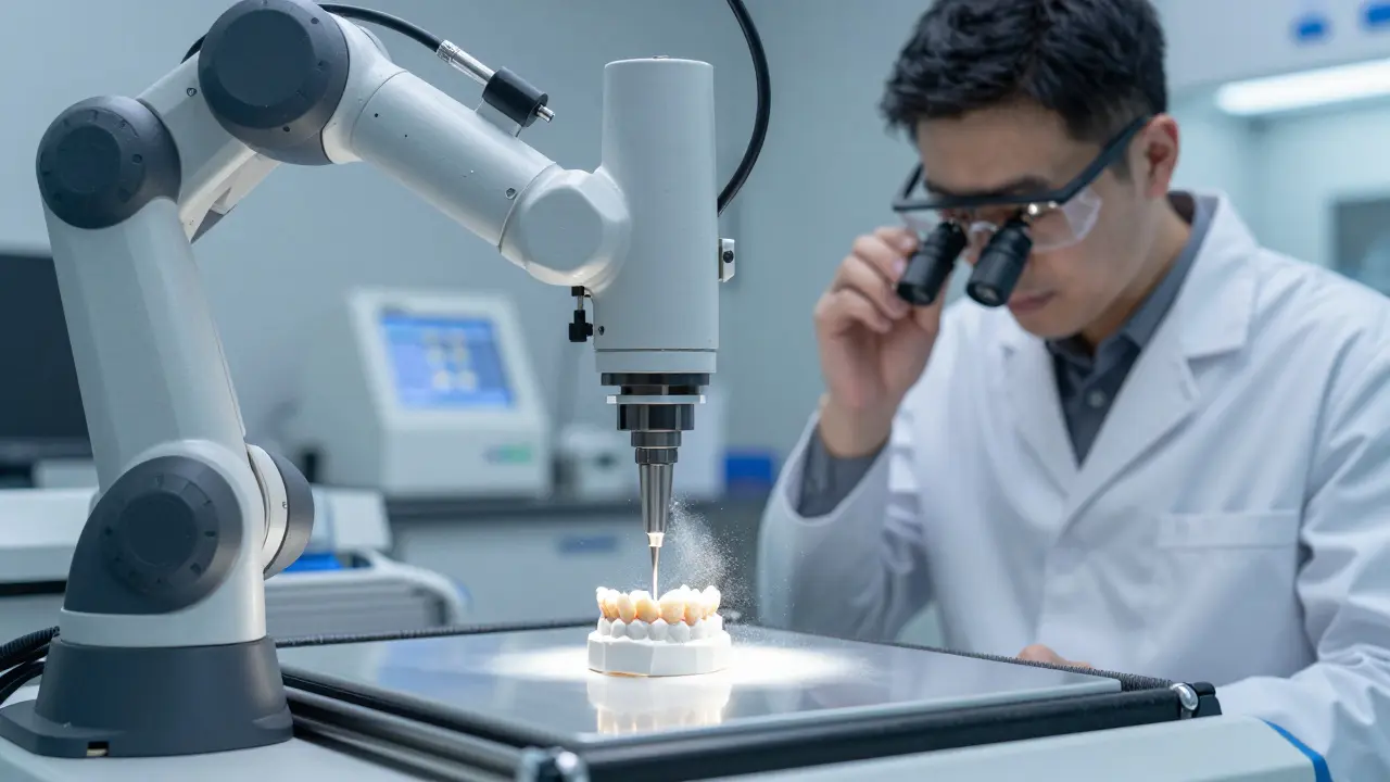 Moderní laboratoř s CNC strojem opracujícím zirkon