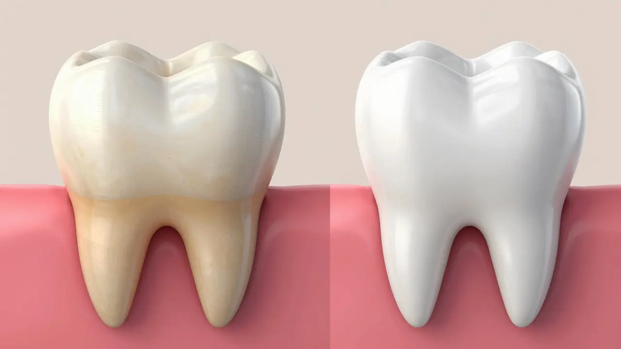 Porovnání zubu s plaketou a čistého zubu po profesionální hygieně