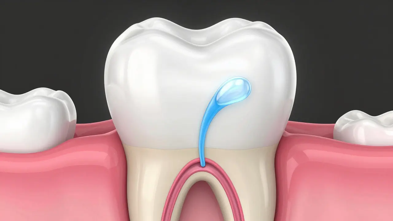 3D ilustrace zubu s průnikem gelu do skloviny a dentinu